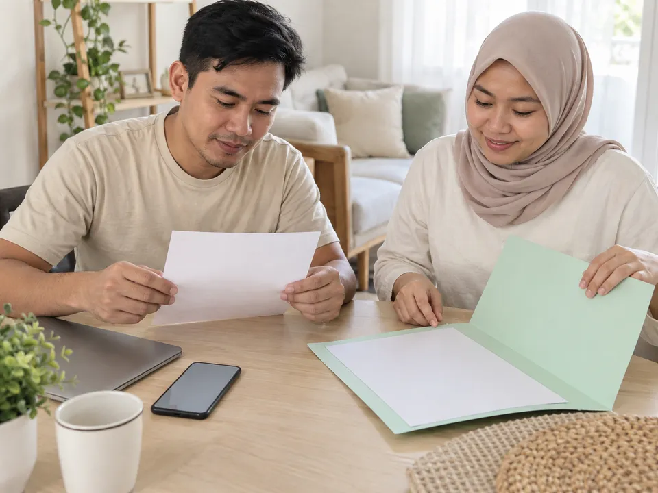 Ilustrasi persediaan pelanggan: dua pelanggan menyediakan kertas kosong bersama folder mint di meja rumah.