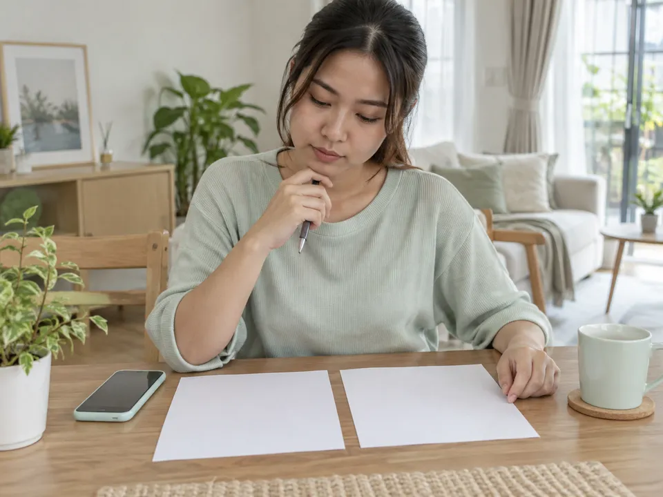 Ilustrasi persediaan pelanggan: pelanggan meneliti dua kertas kosong di meja rumah dengan pen dan telefon.
