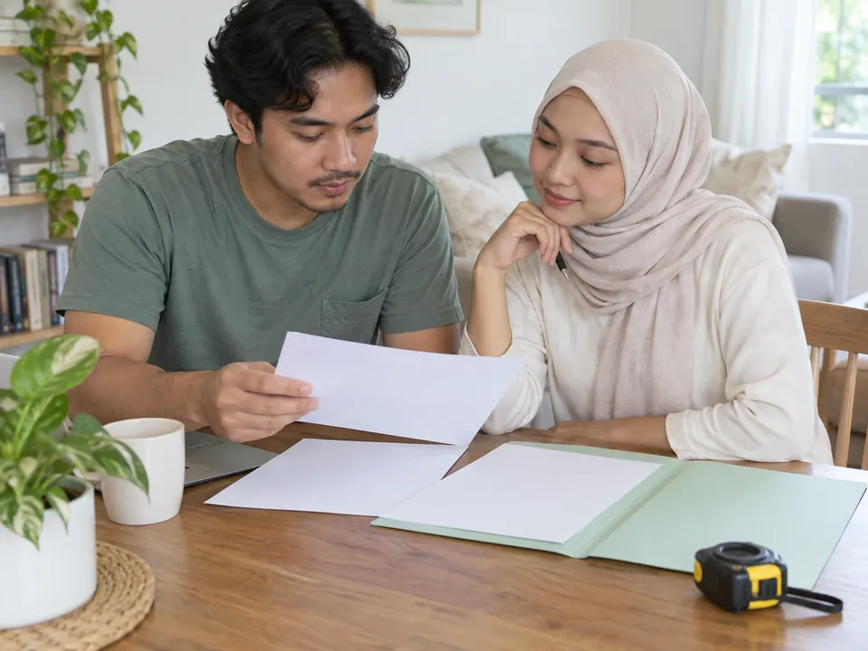 Ilustrasi persediaan pelanggan: dua pelanggan menyemak kertas kosong bersama folder mint terbuka di meja rumah.